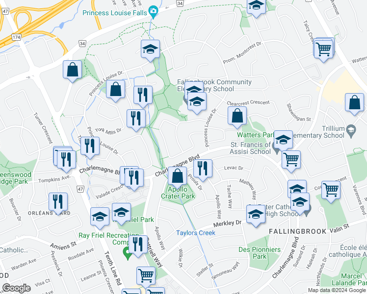 map of restaurants, bars, coffee shops, grocery stores, and more near 596 Deancourt Crescent in Ottawa