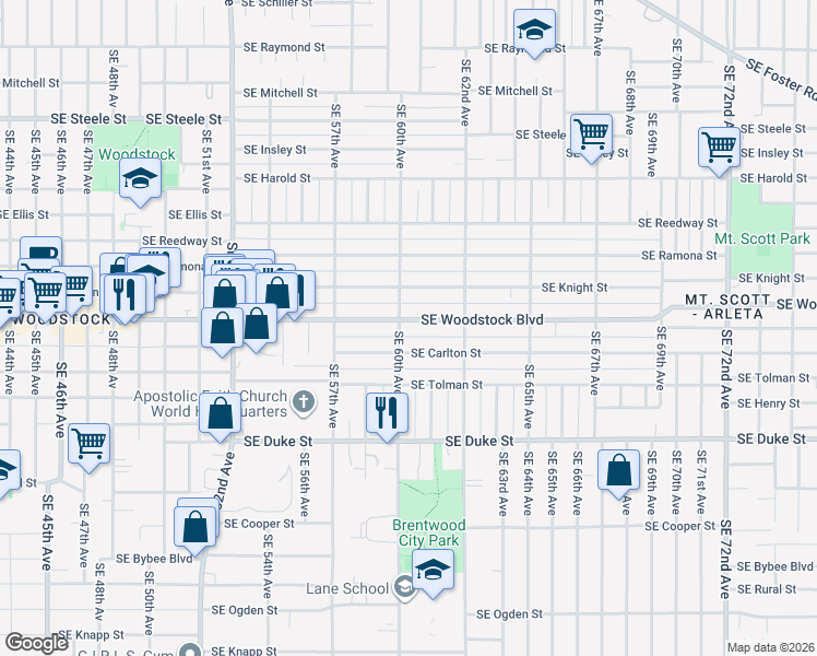 map of restaurants, bars, coffee shops, grocery stores, and more near 6010 Southeast Woodstock Boulevard in Portland