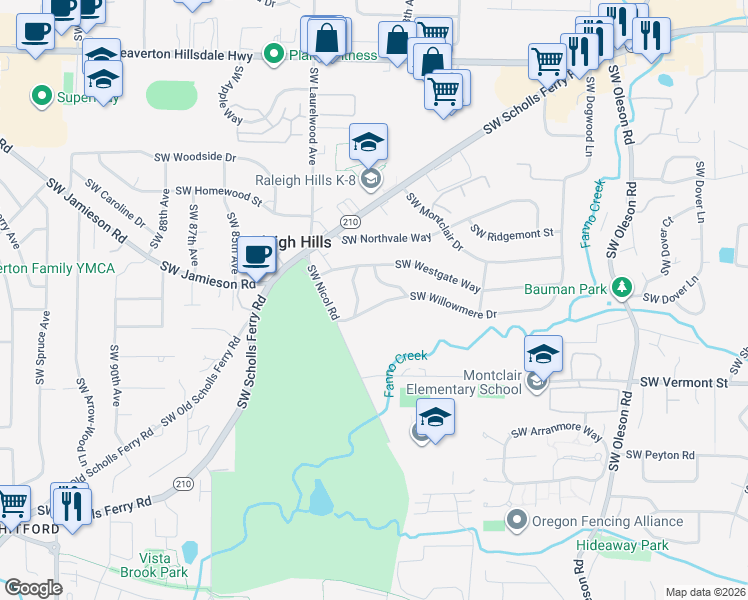 map of restaurants, bars, coffee shops, grocery stores, and more near 7980 Southwest Willowmere Drive in Portland