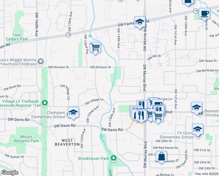 map of restaurants, bars, coffee shops, grocery stores, and more near 15005 Southwest 150th Court in Beaverton