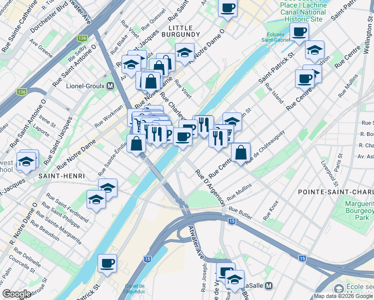 map of restaurants, bars, coffee shops, grocery stores, and more near 2727 Saint-Patrick Street in Montrã©Al