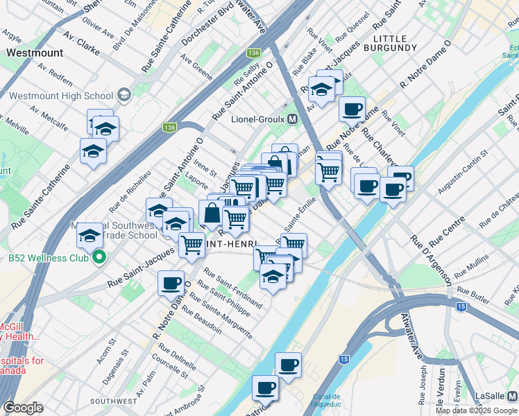 map of restaurants, bars, coffee shops, grocery stores, and more near 3734 Rue Notre-Dame Ouest in Montréal