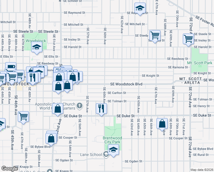 map of restaurants, bars, coffee shops, grocery stores, and more near 6010 Southeast Woodstock Boulevard in Portland