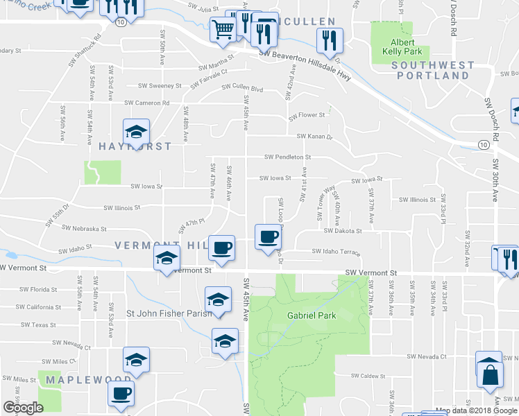 map of restaurants, bars, coffee shops, grocery stores, and more near 6452 Southwest Loop Drive in Portland