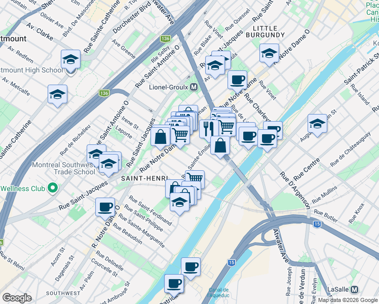 map of restaurants, bars, coffee shops, grocery stores, and more near 241 Rue Bourget in Montréal