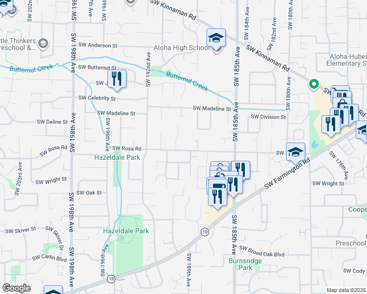 map of restaurants, bars, coffee shops, grocery stores, and more near 18925 Southwest Rosa Road in Aloha