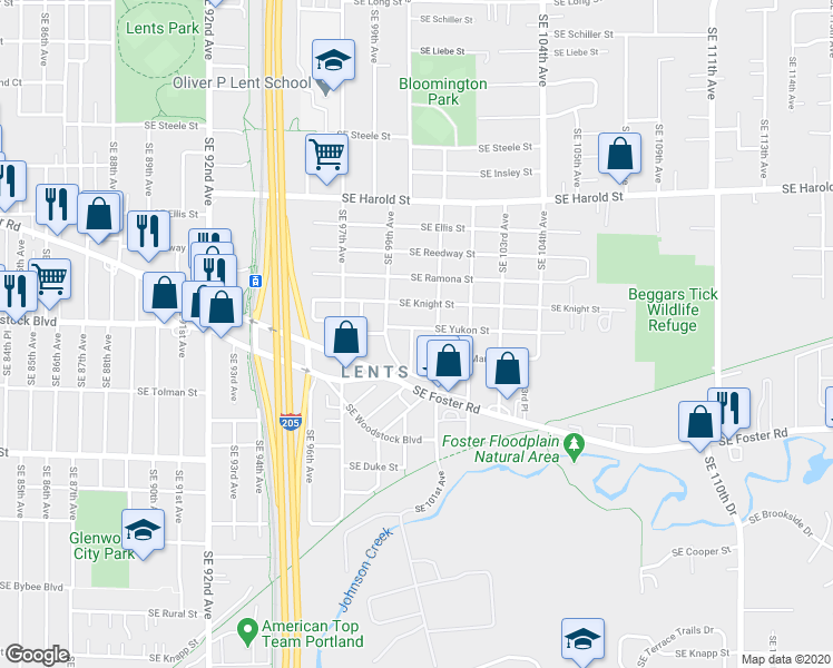map of restaurants, bars, coffee shops, grocery stores, and more near 6036 Southeast 100th Avenue in Portland