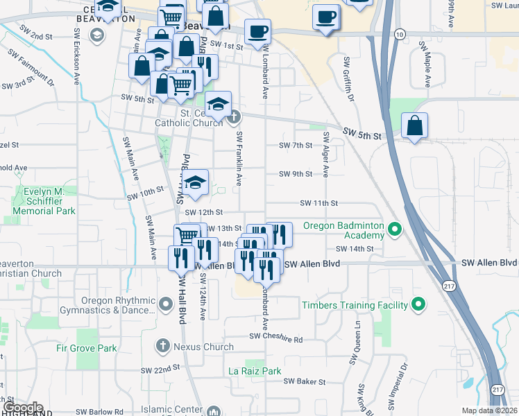 map of restaurants, bars, coffee shops, grocery stores, and more near in Beaverton
