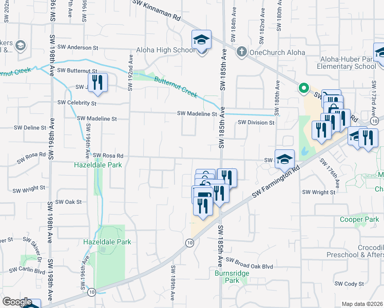 map of restaurants, bars, coffee shops, grocery stores, and more near 5700 Southwest 187th Place in Beaverton