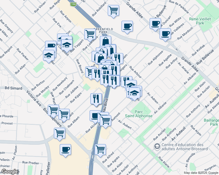 map of restaurants, bars, coffee shops, grocery stores, and more near 5773 Boulevard Taschereau in Brossard