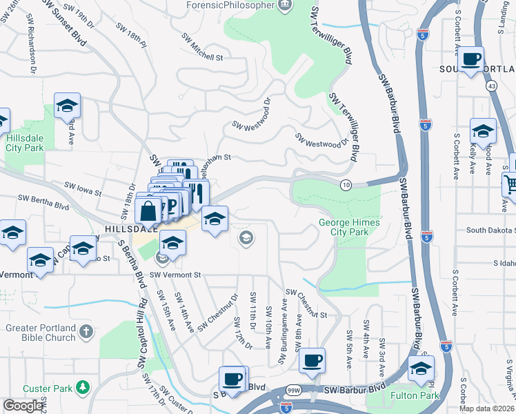map of restaurants, bars, coffee shops, grocery stores, and more near 6254 Southwest Burlingame Avenue in Portland