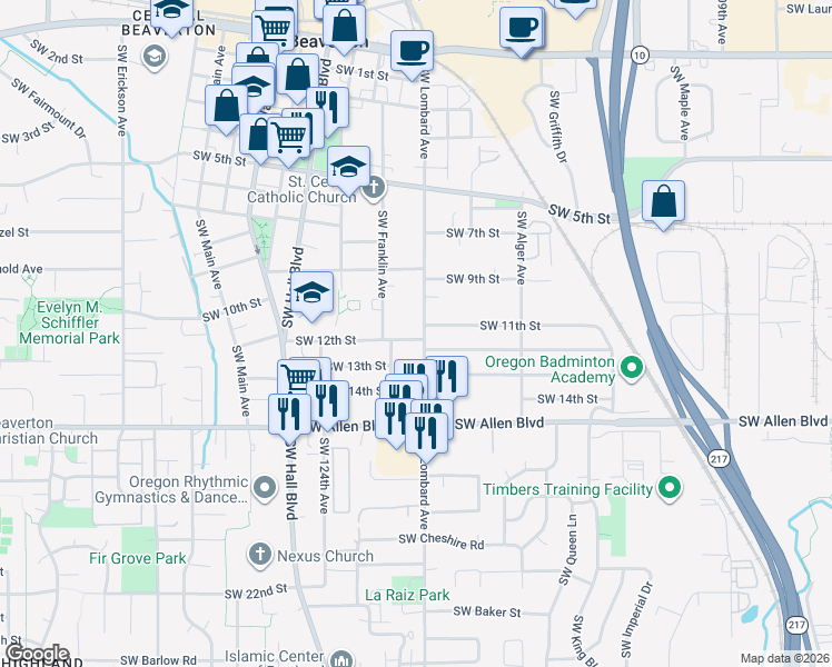 map of restaurants, bars, coffee shops, grocery stores, and more near in Beaverton