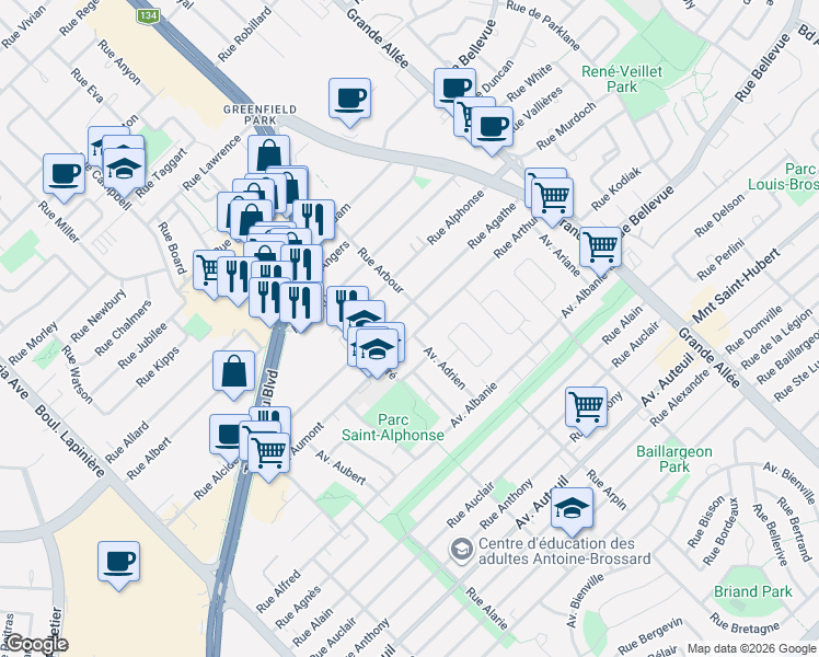 map of restaurants, bars, coffee shops, grocery stores, and more near 6030 Rue Arthur in Brossard