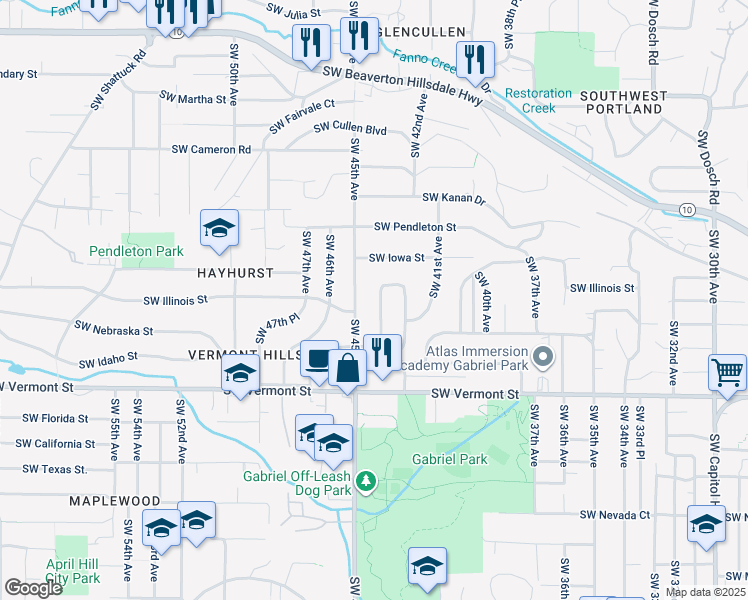 map of restaurants, bars, coffee shops, grocery stores, and more near 6452 Southwest Loop Drive in Portland