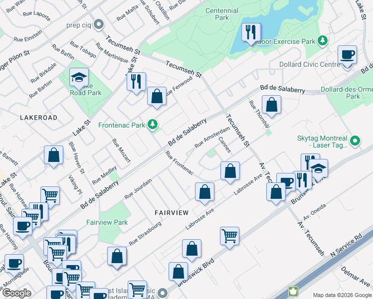 map of restaurants, bars, coffee shops, grocery stores, and more near in Dollard-Des Ormeaux
