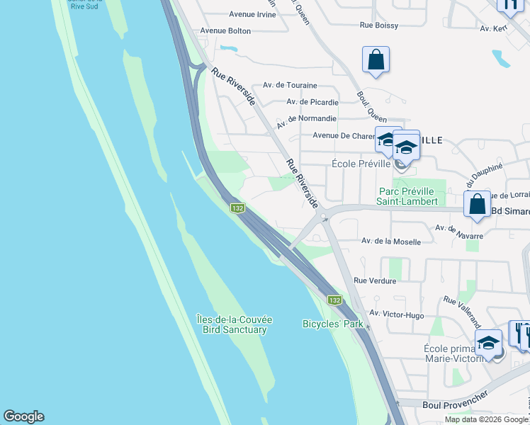 map of restaurants, bars, coffee shops, grocery stores, and more near 1 Boulevard Simard in Saint-Lambert