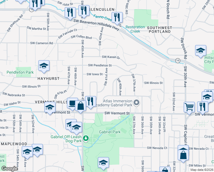 map of restaurants, bars, coffee shops, grocery stores, and more near 6140 Southwest 41st Avenue in Portland