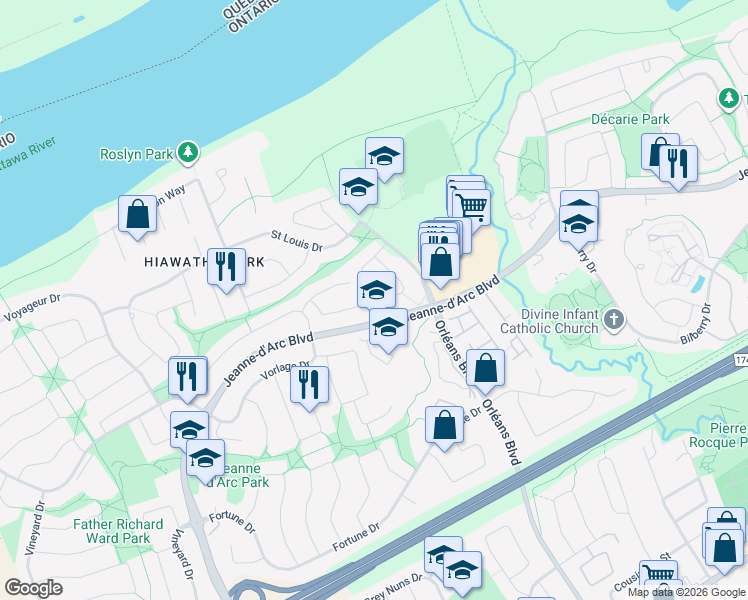 map of restaurants, bars, coffee shops, grocery stores, and more near 1025 Broken Oak Drive in Ottawa