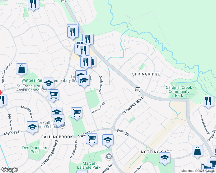 map of restaurants, bars, coffee shops, grocery stores, and more near 1550 Stojko Street in Ottawa