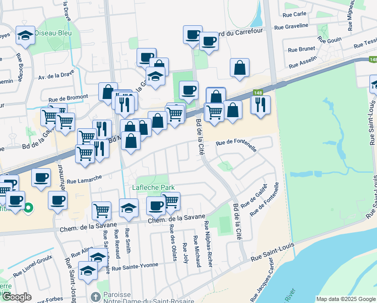 map of restaurants, bars, coffee shops, grocery stores, and more near Rue de Bellefeuille in Gatineau