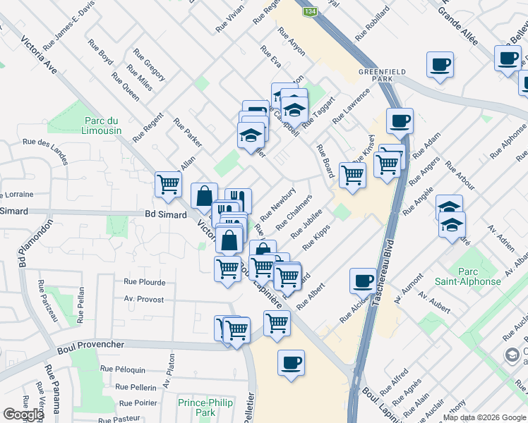 map of restaurants, bars, coffee shops, grocery stores, and more near 86 Rue Newbury in Longueuil