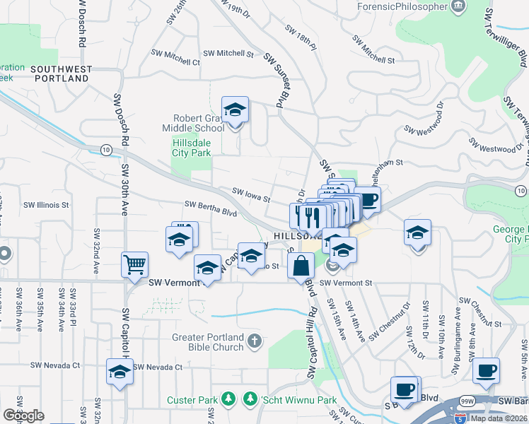 map of restaurants, bars, coffee shops, grocery stores, and more near 6207 Southwest 21st Avenue in Portland