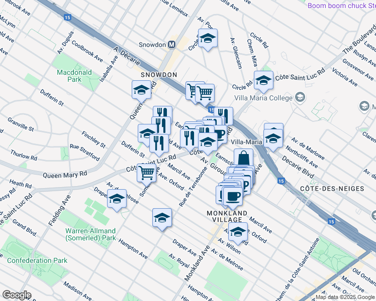 map of restaurants, bars, coffee shops, grocery stores, and more near 4599 Avenue Clanranald in Montréal