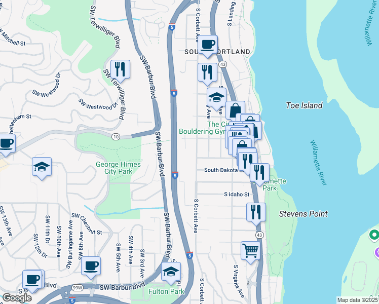 map of restaurants, bars, coffee shops, grocery stores, and more near 6218 South View Point Terrace in Portland