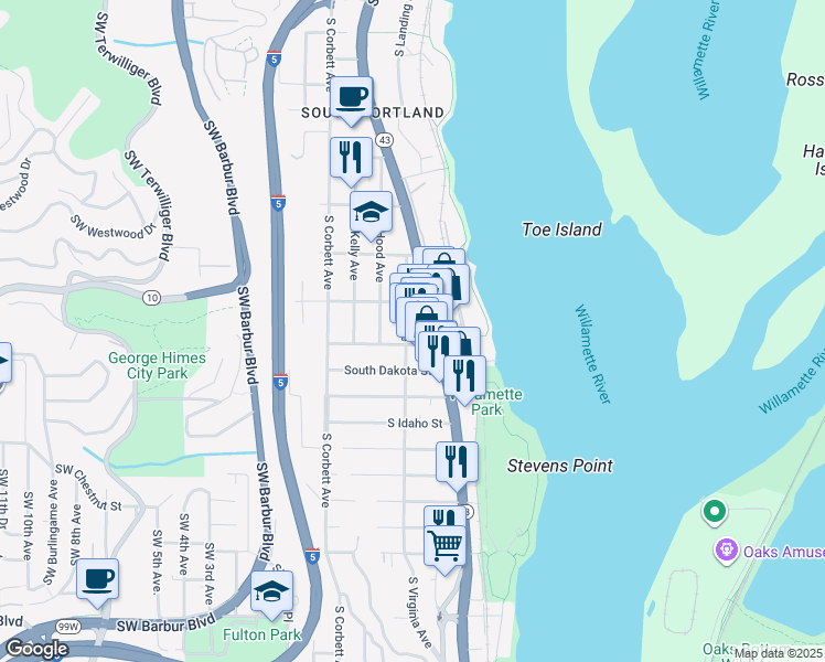 map of restaurants, bars, coffee shops, grocery stores, and more near 100 South Carolina Street in Portland