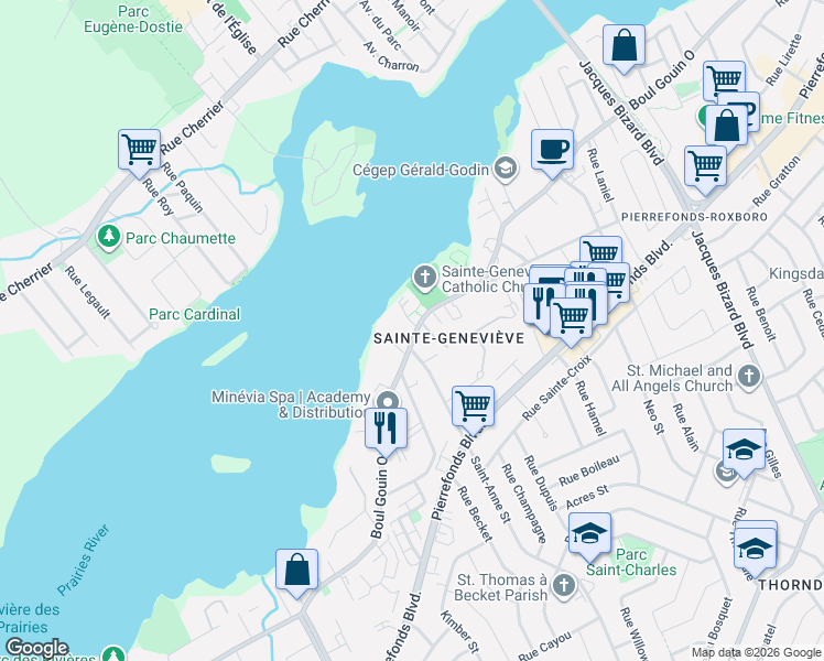 map of restaurants, bars, coffee shops, grocery stores, and more near 16149 Boulevard Gouin Ouest in Montréal