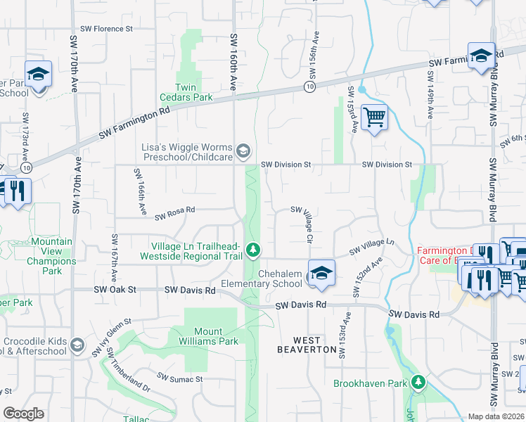 map of restaurants, bars, coffee shops, grocery stores, and more near 15765 Southwest Village Circle in Beaverton