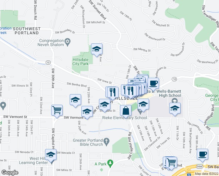 map of restaurants, bars, coffee shops, grocery stores, and more near 2202 Southwest Bertha Boulevard in Portland