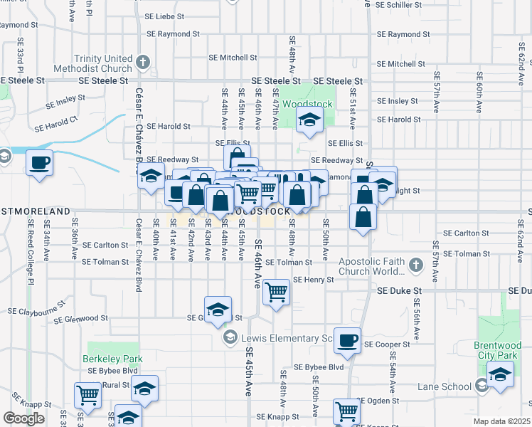 map of restaurants, bars, coffee shops, grocery stores, and more near 4600 Southeast Woodstock Boulevard in Portland