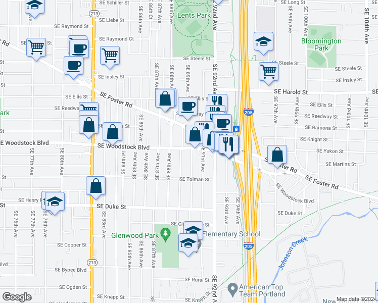 map of restaurants, bars, coffee shops, grocery stores, and more near 6109 Southeast 90th Avenue in Portland