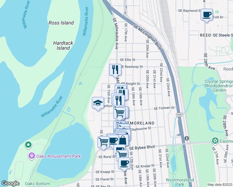 map of restaurants, bars, coffee shops, grocery stores, and more near 6108 Southeast Milwaukie Avenue in Portland
