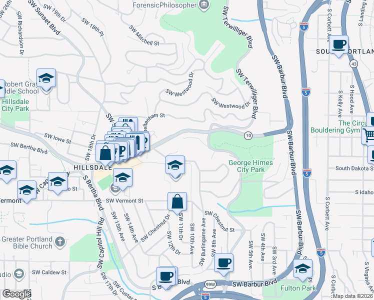 map of restaurants, bars, coffee shops, grocery stores, and more near 6252 Southwest Burlingame Avenue in Portland