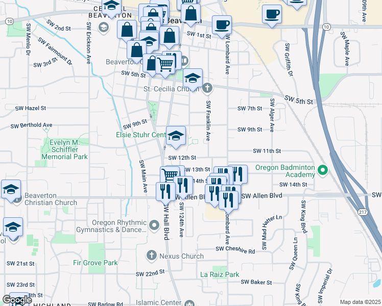 map of restaurants, bars, coffee shops, grocery stores, and more near 12320 Southwest 12th Street in Beaverton