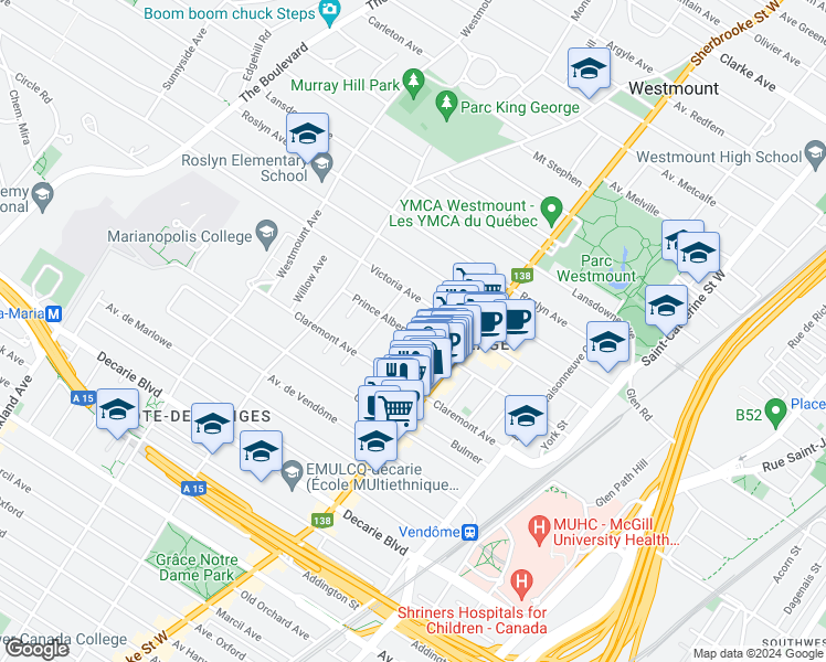 map of restaurants, bars, coffee shops, grocery stores, and more near 39 Avenue Chesterfield in Westmount