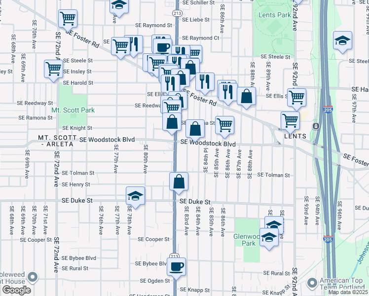 map of restaurants, bars, coffee shops, grocery stores, and more near 6111 Southeast 83rd Avenue in Portland