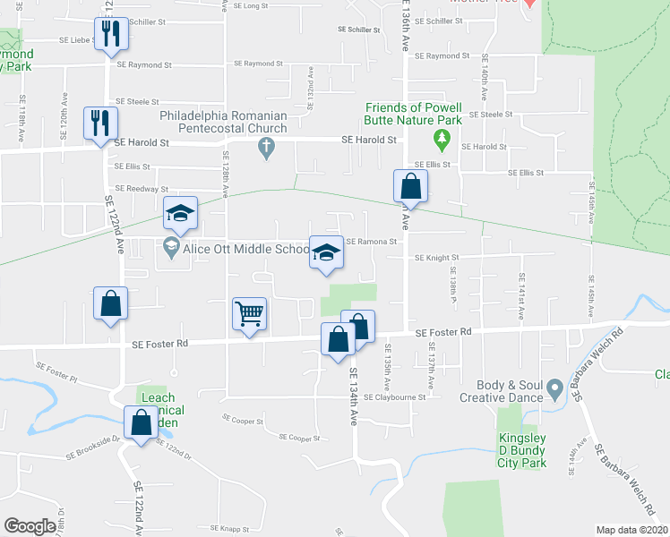 map of restaurants, bars, coffee shops, grocery stores, and more near 5912 Southeast 133rd Place in Portland