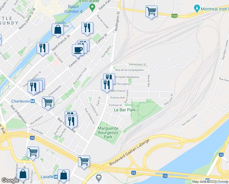 map of restaurants, bars, coffee shops, grocery stores, and more near 576 Rue Charon in Montréal