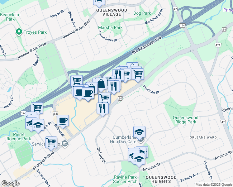map of restaurants, bars, coffee shops, grocery stores, and more near 3050 Saint Joseph Boulevard in Ottawa