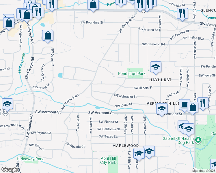 map of restaurants, bars, coffee shops, grocery stores, and more near 5721 Southwest Nebraska Street in Portland