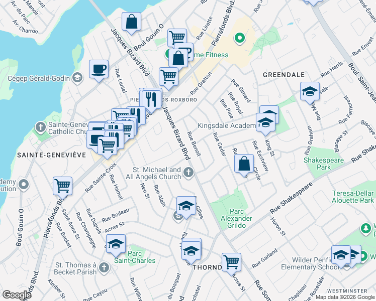 map of restaurants, bars, coffee shops, grocery stores, and more near 4422 Boulevard Jacques Bizard in Montréal