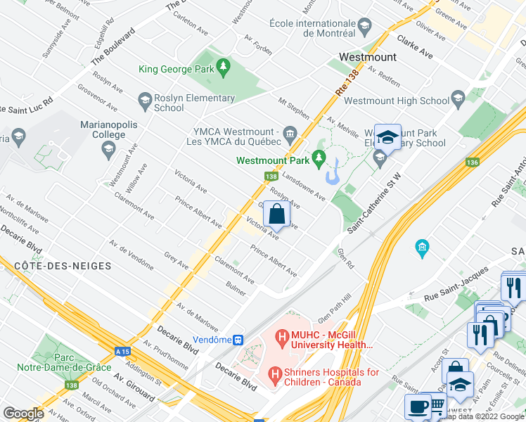 map of restaurants, bars, coffee shops, grocery stores, and more near 382 Avenue Grosvenor in Westmount