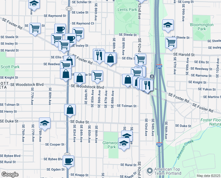 map of restaurants, bars, coffee shops, grocery stores, and more near 6110 Southeast 88th Avenue in Portland