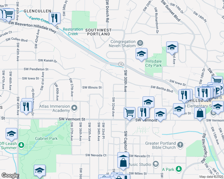 map of restaurants, bars, coffee shops, grocery stores, and more near 3215 Southwest Illinois Street in Portland