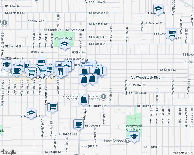 map of restaurants, bars, coffee shops, grocery stores, and more near 5412 Southeast Woodstock Boulevard in Portland