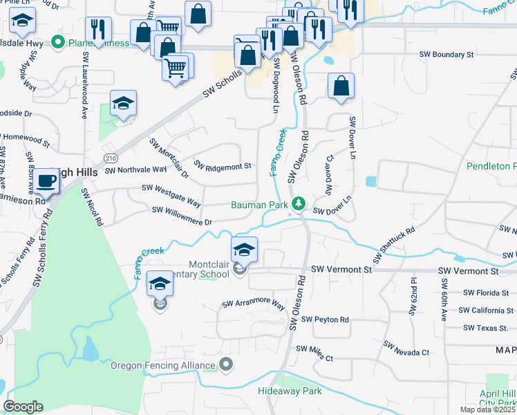 map of restaurants, bars, coffee shops, grocery stores, and more near 7100 Southwest Willowmere Drive in Portland