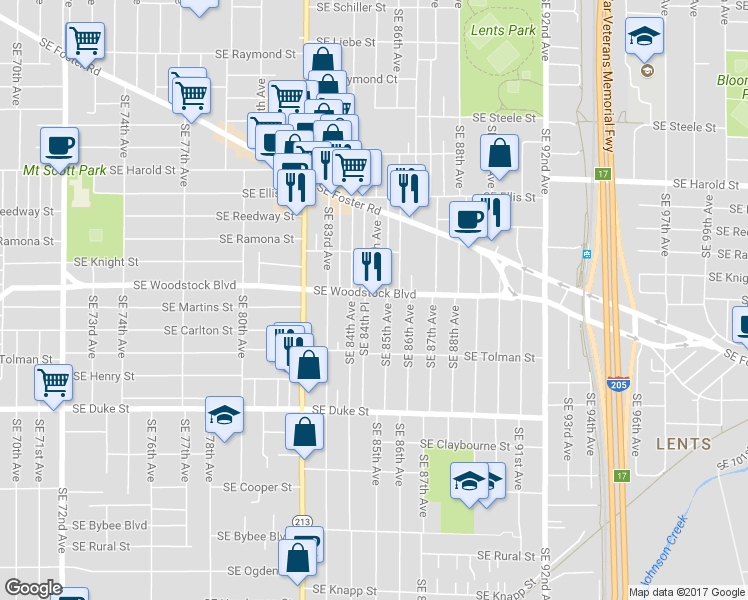 map of restaurants, bars, coffee shops, grocery stores, and more near 8438 Southeast Woodstock Boulevard in Portland